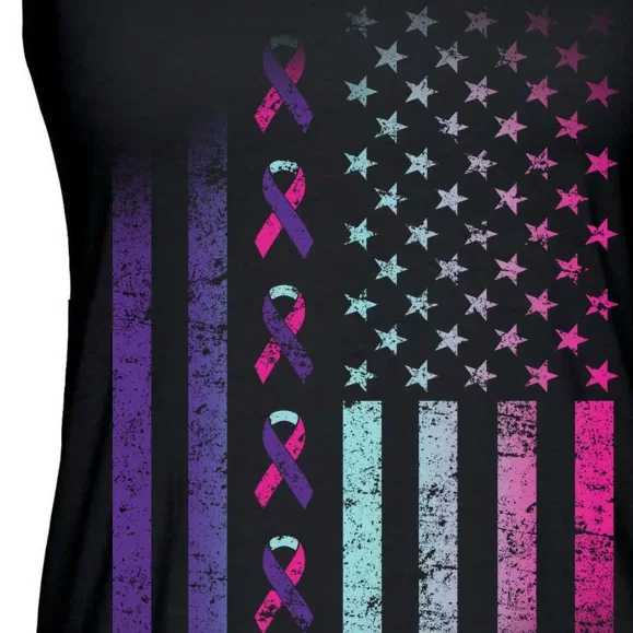 Blue Pink Teal Ribbon Flag Thyroid Cancer Awareness Ladies Essential Flowy Tank