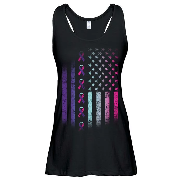 Blue Pink Teal Ribbon Flag Thyroid Cancer Awareness Ladies Essential Flowy Tank