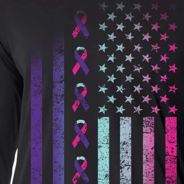 Blue Pink Teal Ribbon Flag Thyroid Cancer Awareness Cooling Performance Long Sleeve Crew