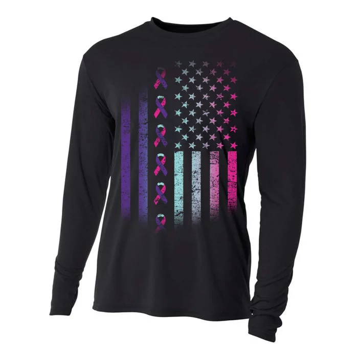 Blue Pink Teal Ribbon Flag Thyroid Cancer Awareness Cooling Performance Long Sleeve Crew