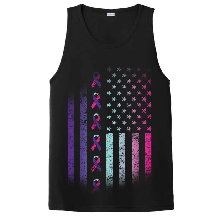 Blue Pink Teal Ribbon Flag Thyroid Cancer Awareness Performance Tank