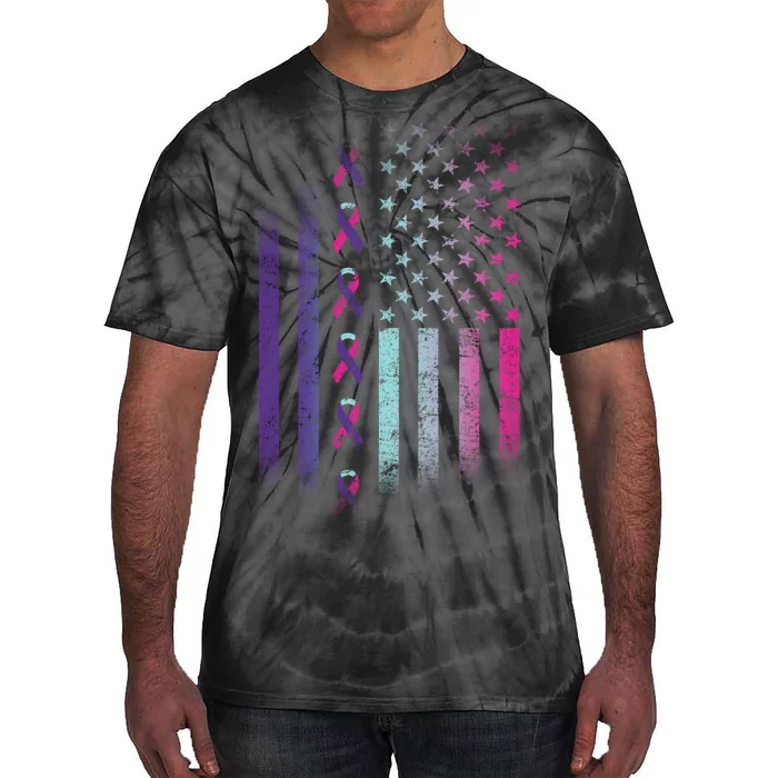 Blue Pink Teal Ribbon Flag Thyroid Cancer Awareness Tie-Dye T-Shirt