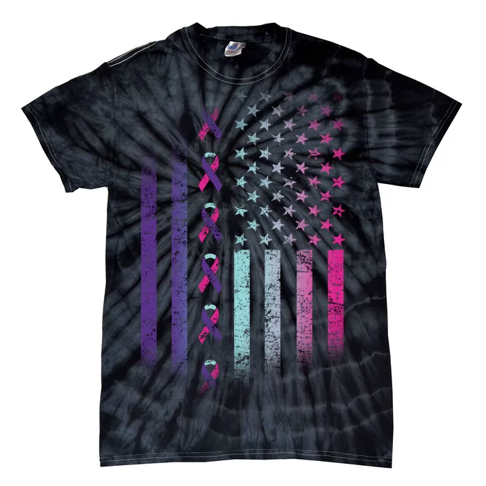 Blue Pink Teal Ribbon Flag Thyroid Cancer Awareness Tie-Dye T-Shirt