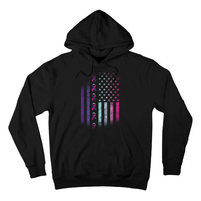 Blue Pink Teal Ribbon Flag Thyroid Cancer Awareness Tall Hoodie