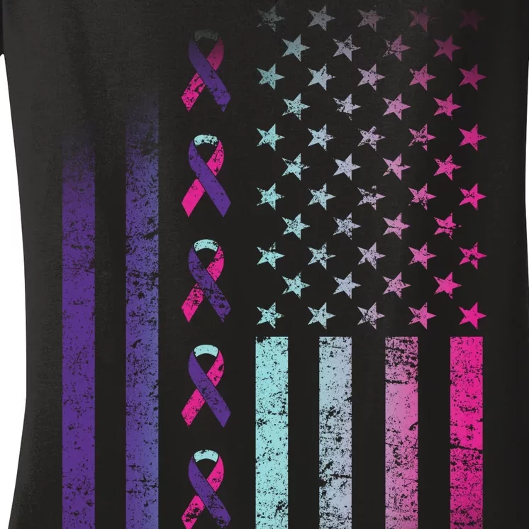 Blue Pink Teal Ribbon Flag Thyroid Cancer Awareness Women's V-Neck T-Shirt