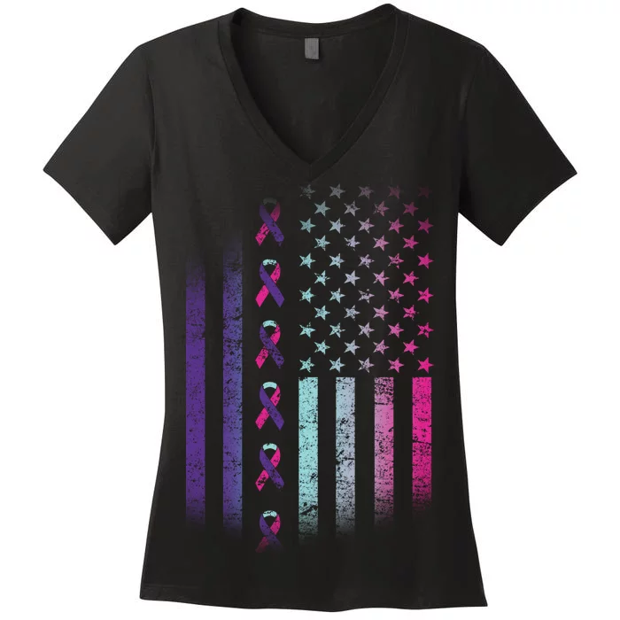 Blue Pink Teal Ribbon Flag Thyroid Cancer Awareness Women's V-Neck T-Shirt