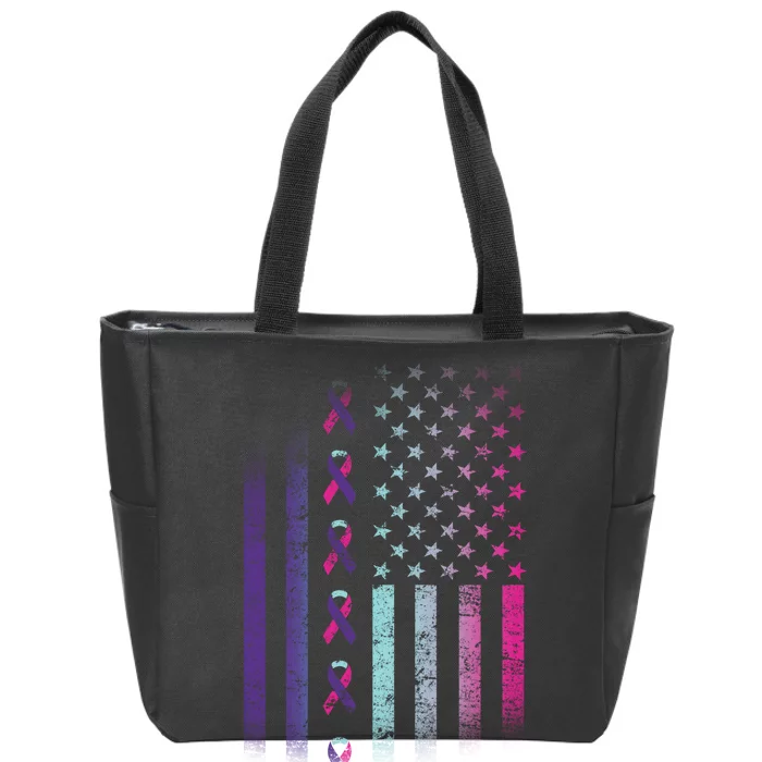 Blue Pink Teal Ribbon Flag Thyroid Cancer Awareness Zip Tote Bag