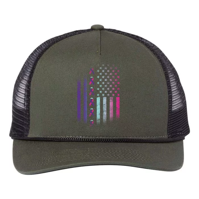 Blue Pink Teal Ribbon Flag Thyroid Cancer Awareness Retro Rope Trucker Hat Cap