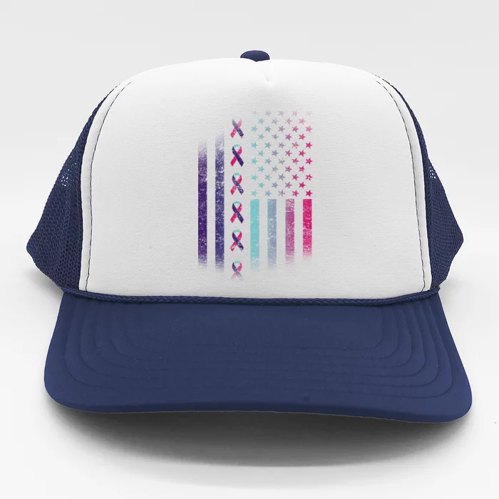 Blue Pink Teal Ribbon Flag Thyroid Cancer Awareness Trucker Hat