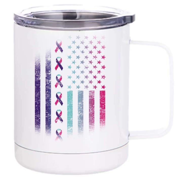 Blue Pink Teal Ribbon Flag Thyroid Cancer Awareness Front & Back 12oz Stainless Steel Tumbler Cup