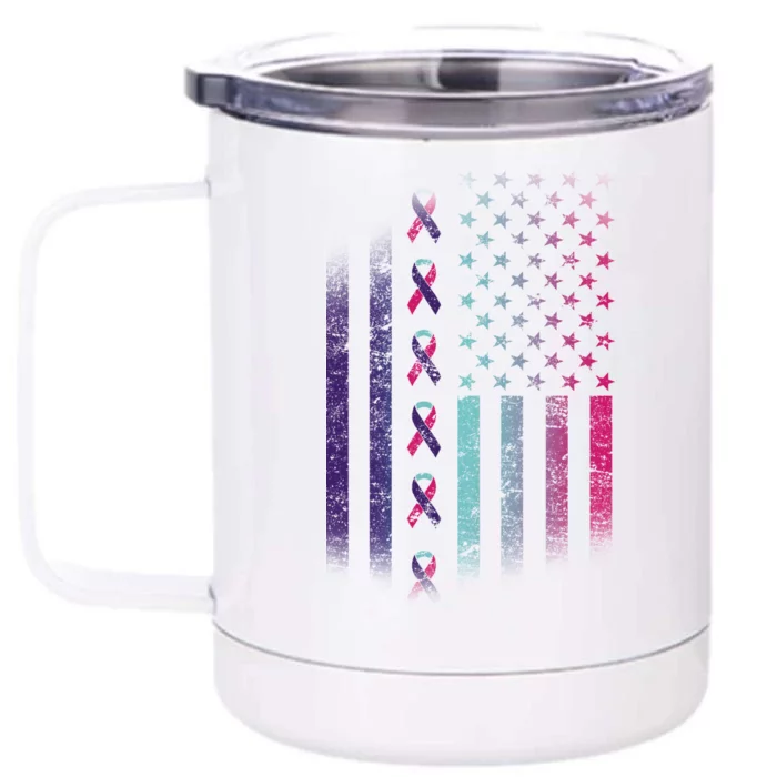 Blue Pink Teal Ribbon Flag Thyroid Cancer Awareness Front & Back 12oz Stainless Steel Tumbler Cup