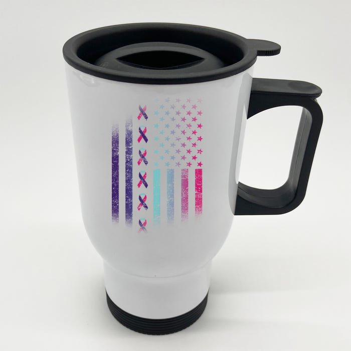 Blue Pink Teal Ribbon Flag Thyroid Cancer Awareness Front & Back Stainless Steel Travel Mug