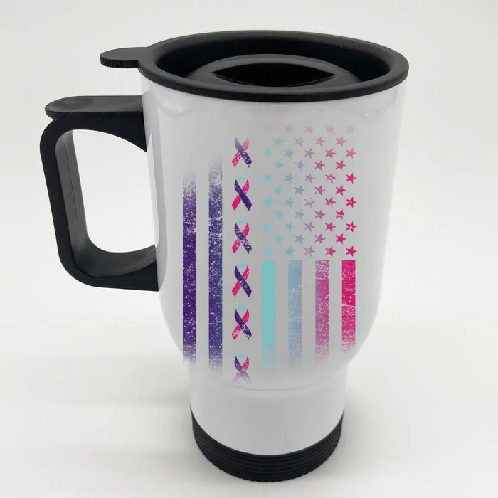 Blue Pink Teal Ribbon Flag Thyroid Cancer Awareness Front & Back Stainless Steel Travel Mug