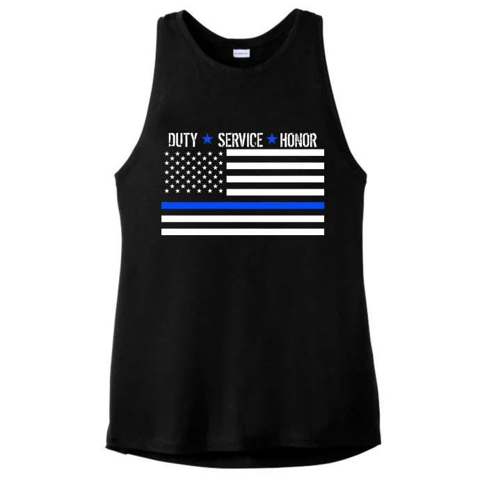 Blue Ribbon USA Flag Support Police Ladies Tri-Blend Wicking Tank