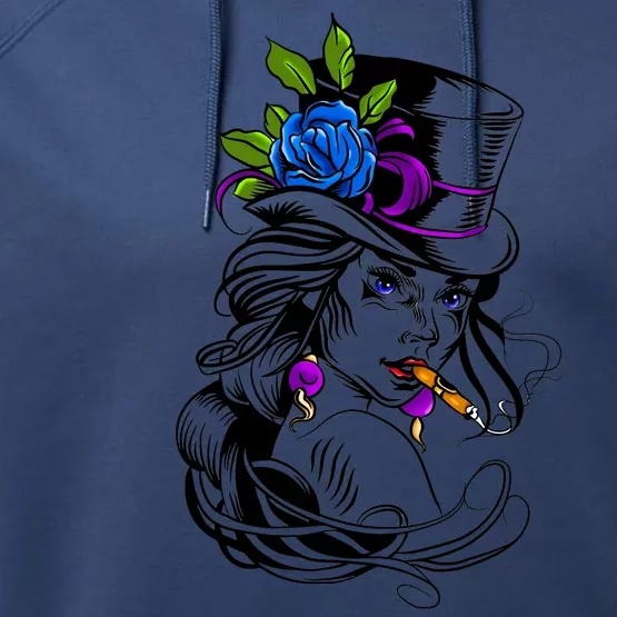 Blue Rose Smoking Lady Icon Performance Fleece Hoodie