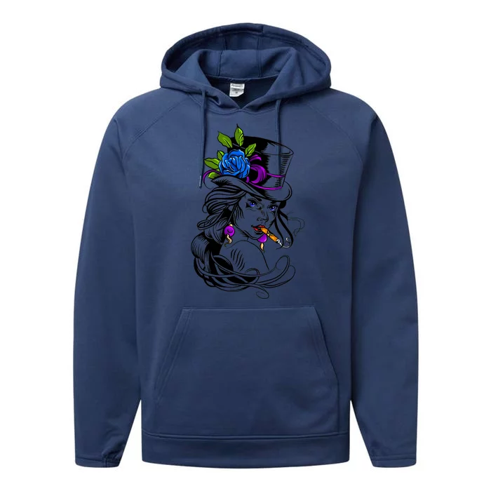 Blue Rose Smoking Lady Icon Performance Fleece Hoodie