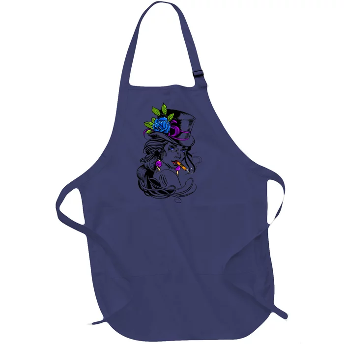 Blue Rose Smoking Lady Icon Full-Length Apron With Pocket