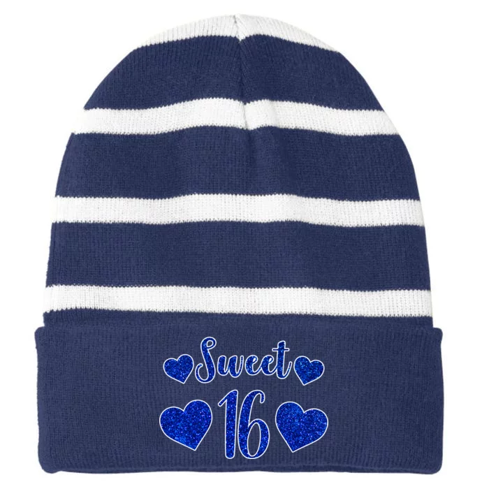 Blue Sparkle Sweet 16 Birthday Striped Beanie with Solid Band