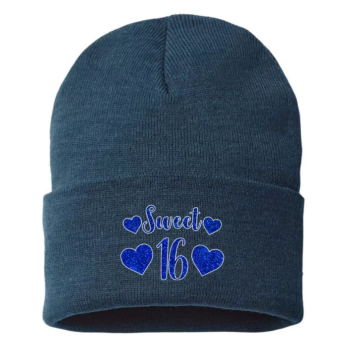 Blue Sparkle Sweet 16 Birthday Sustainable Knit Beanie