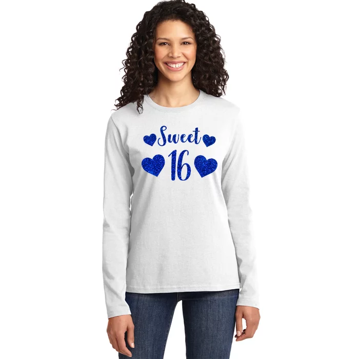 Blue Sparkle Sweet 16 Birthday Ladies Long Sleeve Shirt