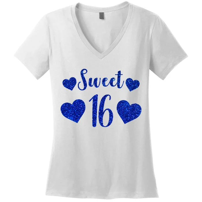 Blue Sparkle Sweet 16 Birthday Women's V-Neck T-Shirt