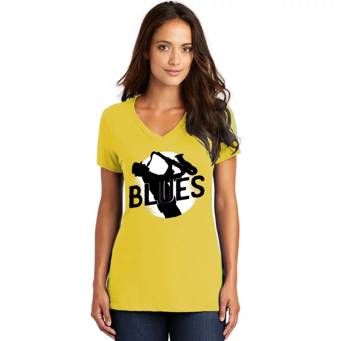 Blues Music Saxophone Women's V-Neck T-Shirt