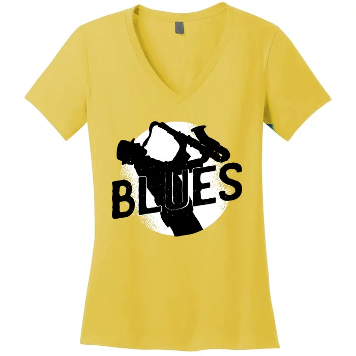 Blues Music Saxophone Women's V-Neck T-Shirt