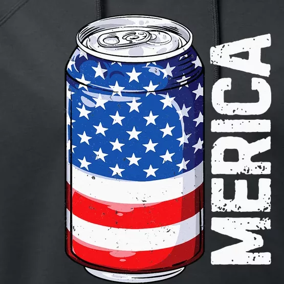 Beer Merica 4th of July American Flag  Drinking Can Performance Fleece Hoodie