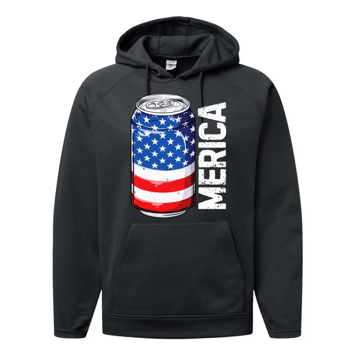 Beer Merica 4th of July American Flag  Drinking Can Performance Fleece Hoodie