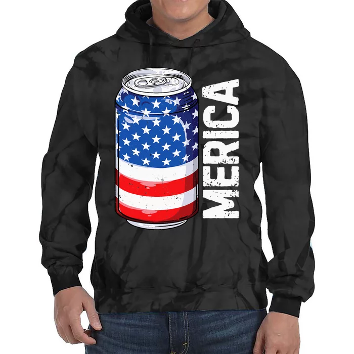 Beer Merica 4th of July American Flag  Drinking Can Tie Dye Hoodie