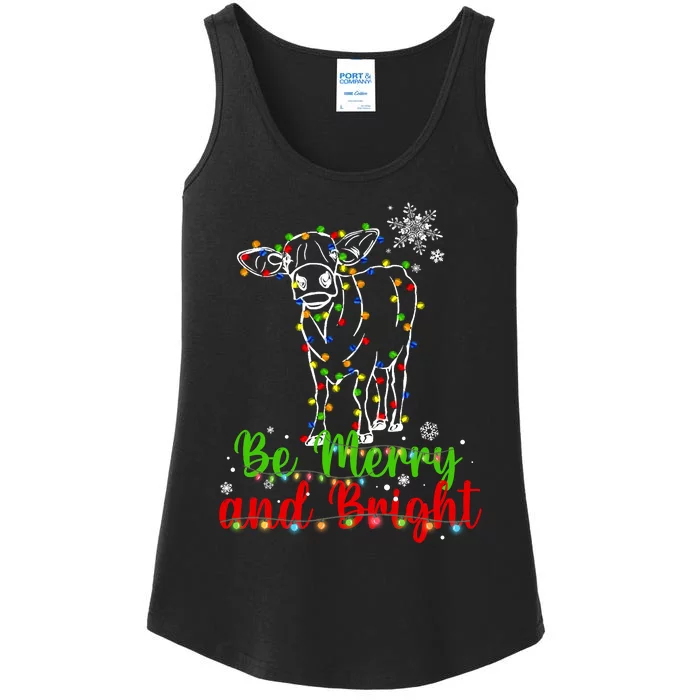 Be Merry And Right Cow Reindeer Christmas Lights Cow Ladies Essential Tank