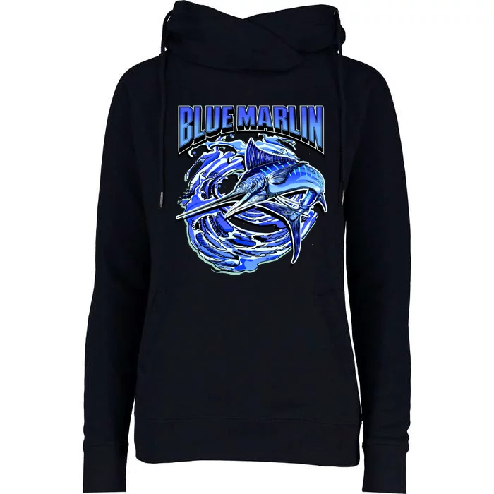 Blue Marlin Action Shot Fishing Womens Funnel Neck Pullover Hood