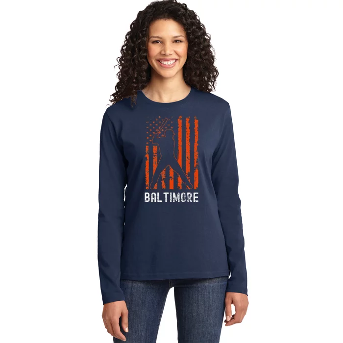 Baltimore Maryland American Flag Baseball Weathered Ladies Long Sleeve Shirt