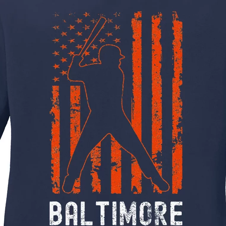 Baltimore Maryland American Flag Baseball Weathered Ladies Long Sleeve Shirt