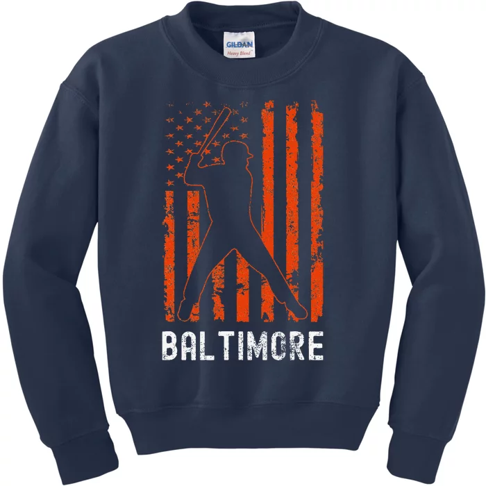 Baltimore Maryland American Flag Baseball Weathered Kids Sweatshirt