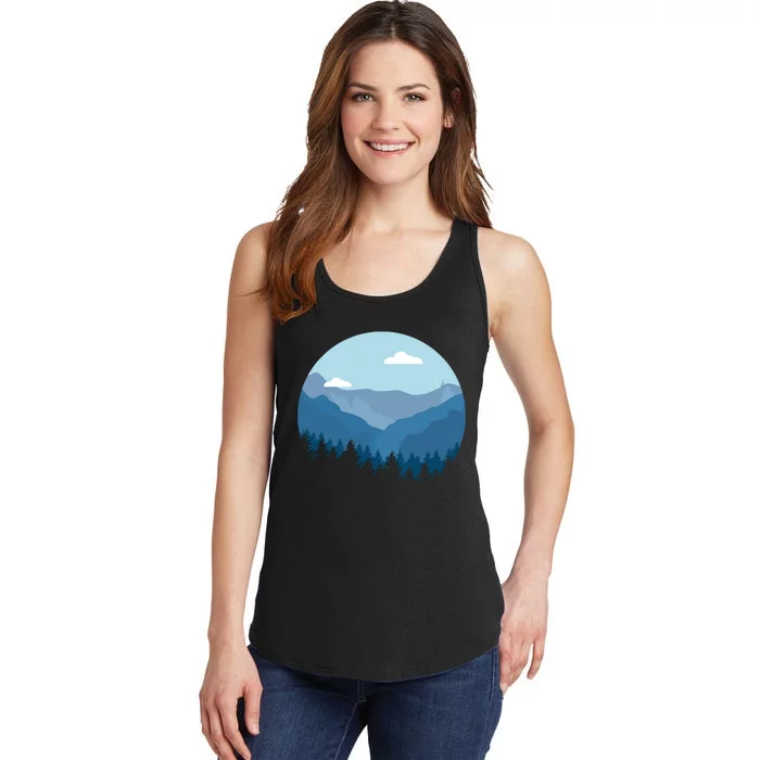 Blue Mountain And Forest Scene Silhouette Ladies Essential Tank