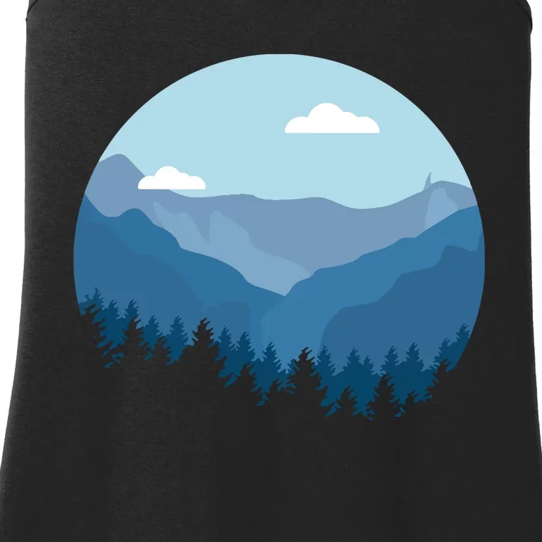 Blue Mountain And Forest Scene Silhouette Ladies Essential Tank