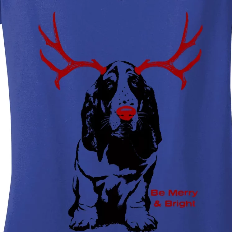 Be Merry And Bright Basset Hound Dog Christmas Hoodie Women's V-Neck T-Shirt