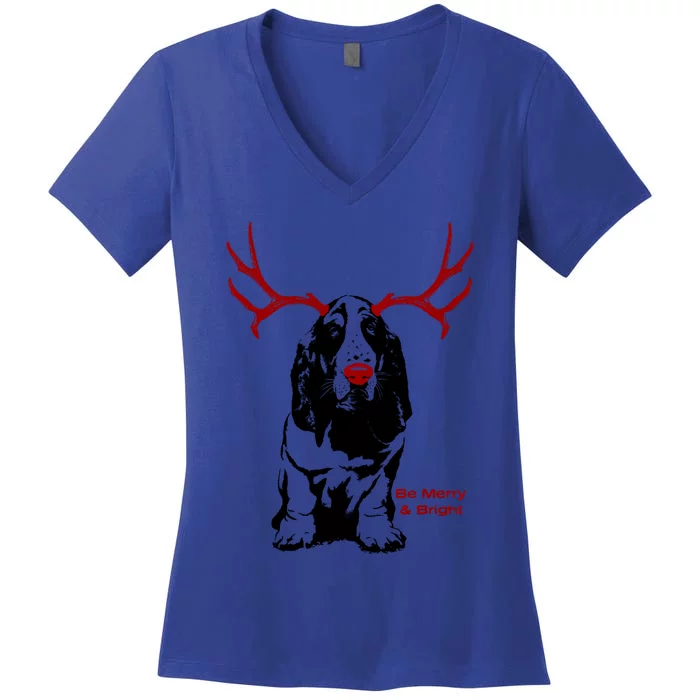 Be Merry And Bright Basset Hound Dog Christmas Hoodie Women's V-Neck T-Shirt