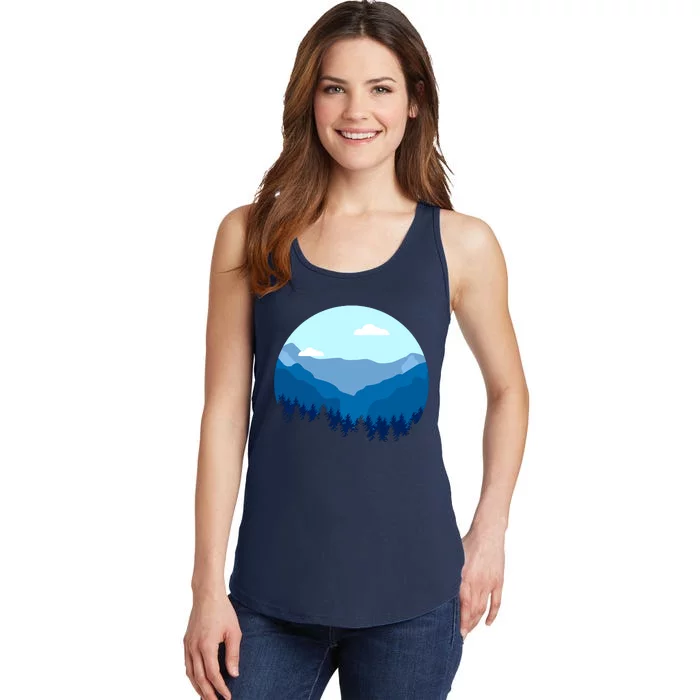 Blue Mountain And Forest Scene Silhouette Ladies Essential Tank