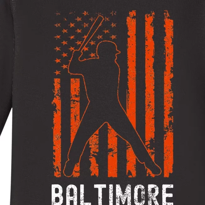 Baltimore Maryland American Flag Baseball Weathered Baby Long Sleeve Bodysuit