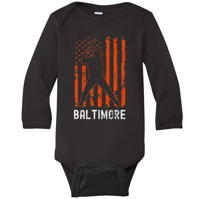 Baltimore Maryland American Flag Baseball Weathered Baby Long Sleeve Bodysuit