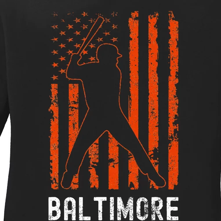 Baltimore Maryland American Flag Baseball Weathered Ladies Long Sleeve Shirt