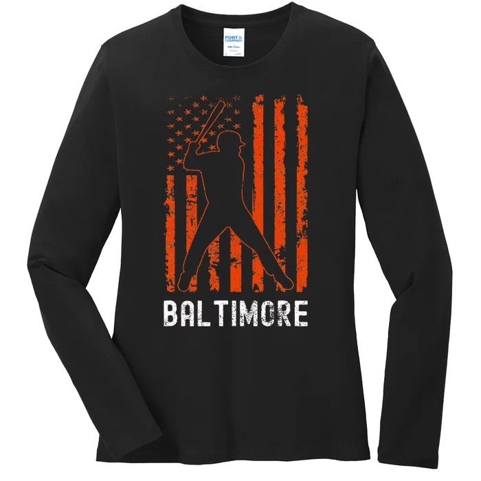 Baltimore Maryland American Flag Baseball Weathered Ladies Long Sleeve Shirt