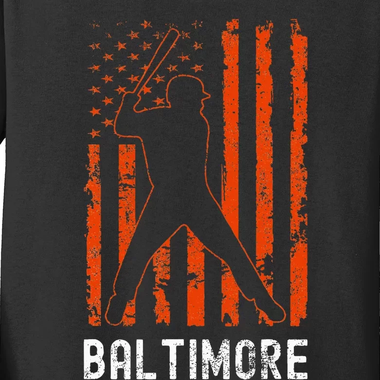 Baltimore Maryland American Flag Baseball Weathered Kids Long Sleeve Shirt