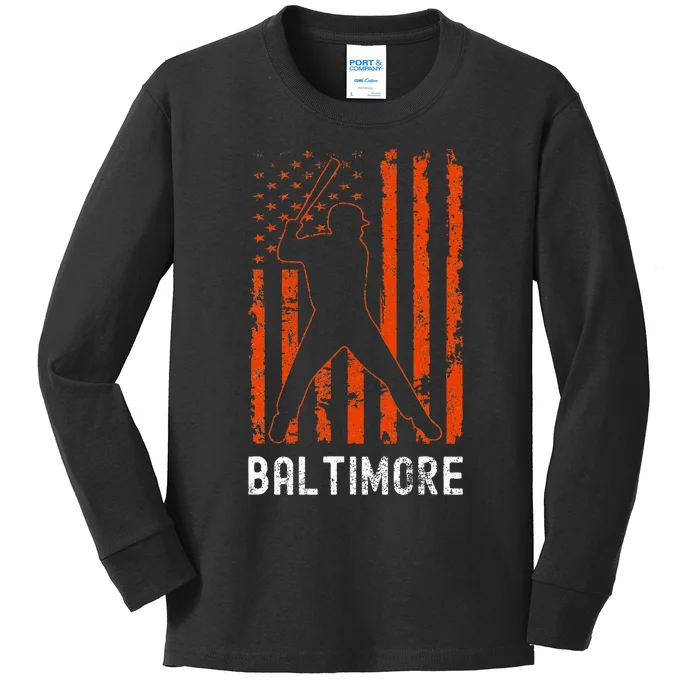 Baltimore Maryland American Flag Baseball Weathered Kids Long Sleeve Shirt