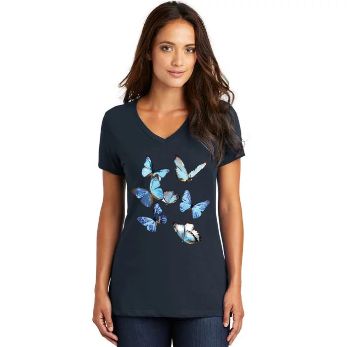 Blue Morpho Butterfly Swarm Lepidoptera Entomology Women's V-Neck T-Shirt