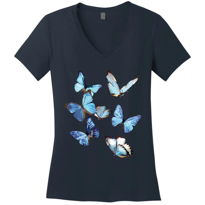 Blue Morpho Butterfly Swarm Lepidoptera Entomology Women's V-Neck T-Shirt