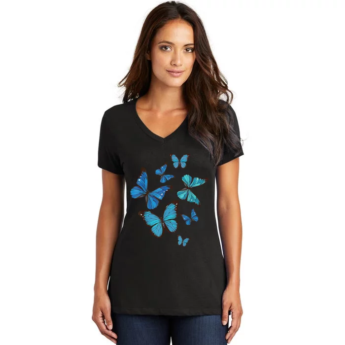 Blue Morpho Butterfly Swarm Lepidoptera Lover Entomologist Women's V-Neck T-Shirt