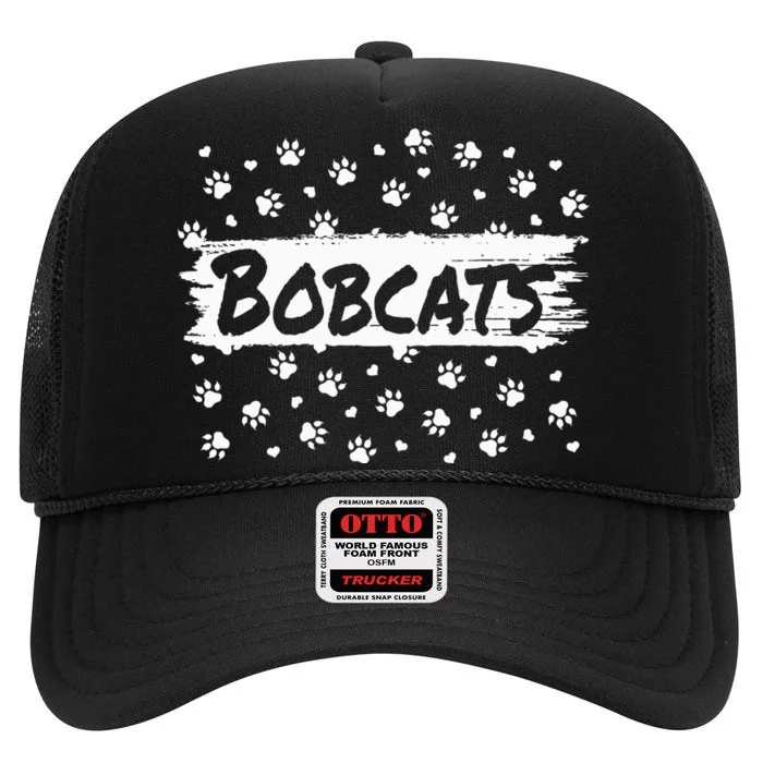 Bobcats Mascot Back To School Spirit Footprint Heart Squad High Crown Mesh Trucker Hat